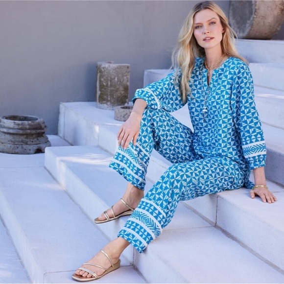 SOFT SURROUNDINGS Narah Knit Pull On Palazzo Pants in Blue White Geo Size 2 X - Picture 2 of 8